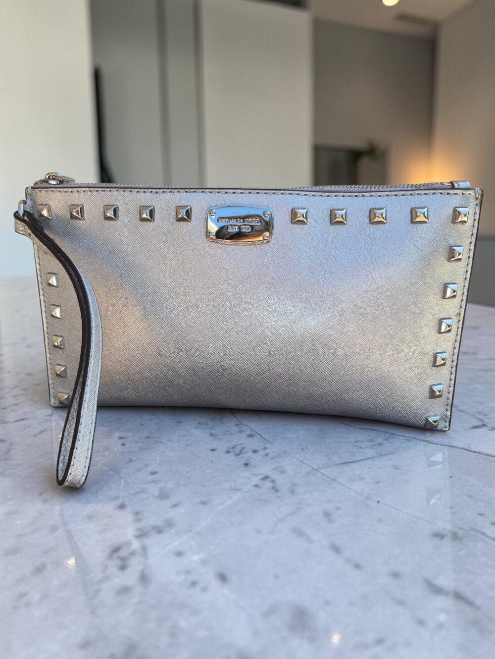 MICHAEL Michael Kors Silver Saffiano Leather Studded Wristlet